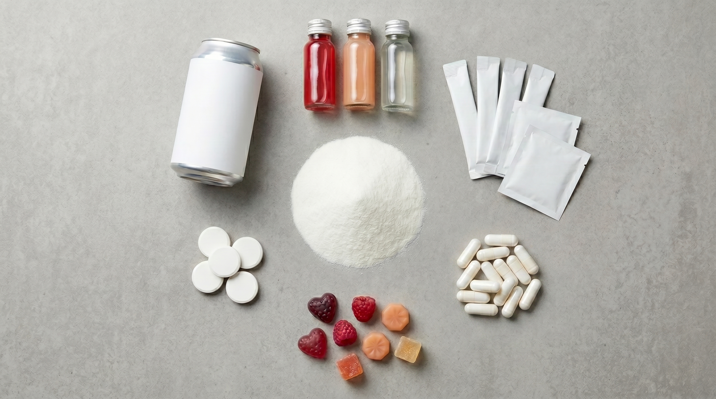 White-label delivery formats including beverages, shots, stick packs, capsules, gummies, and tablets
